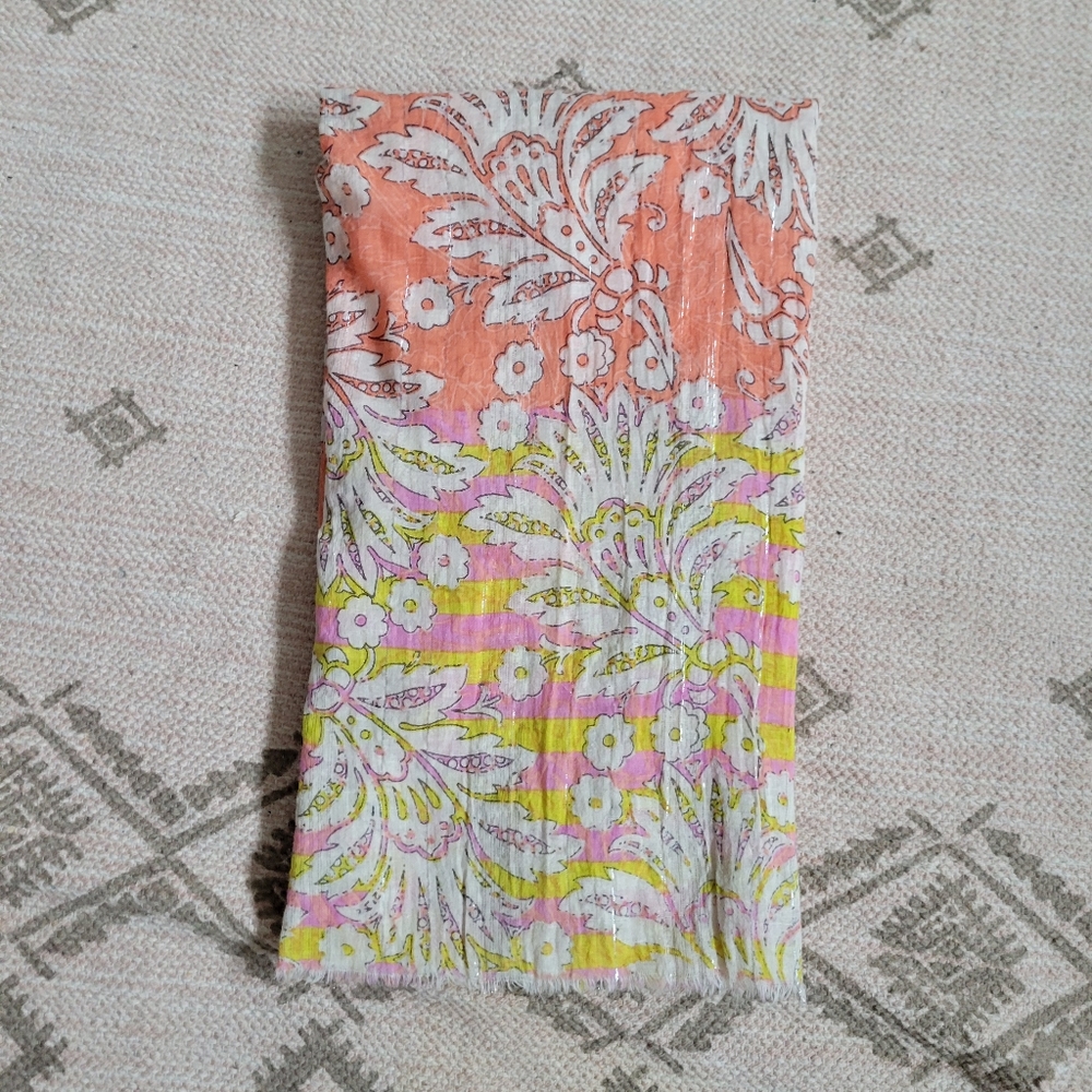 Ann Taylor Loft Springtime Floral Scarf With Silver Metallic Thread Fringed Edge